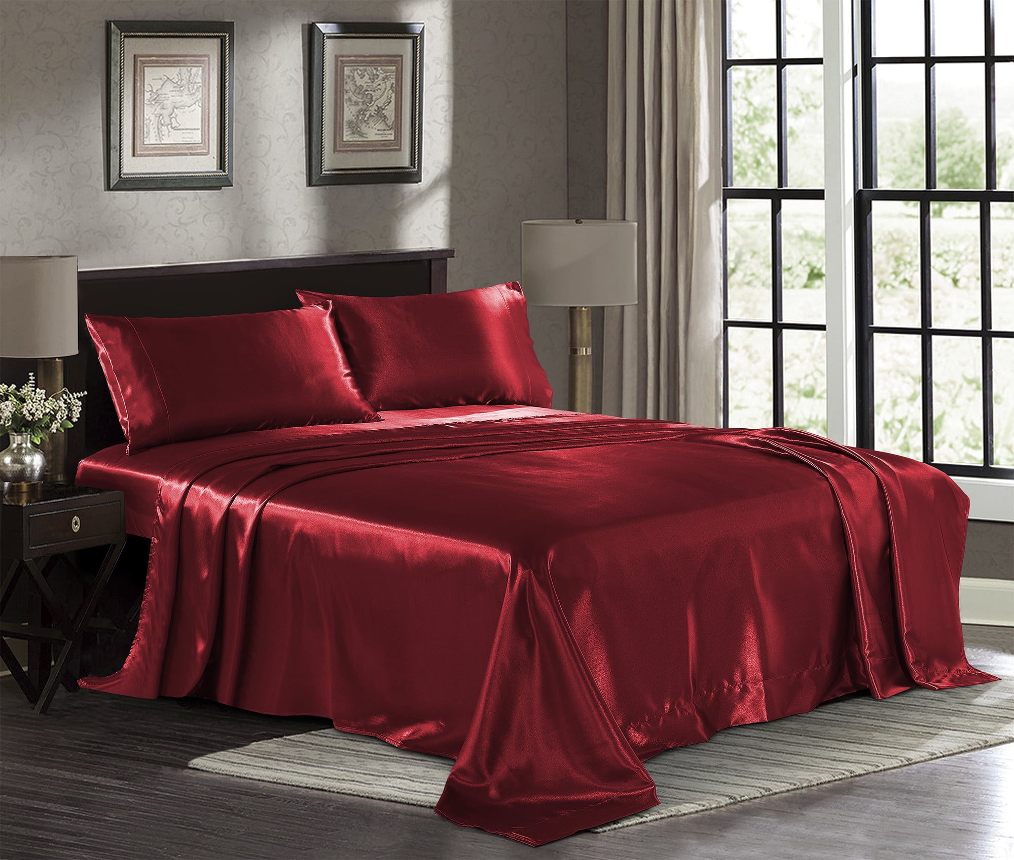 Faux Silk Satin Flat Sheets Bed Sheet Bedspread Comfort Solid Color Bed Covers 