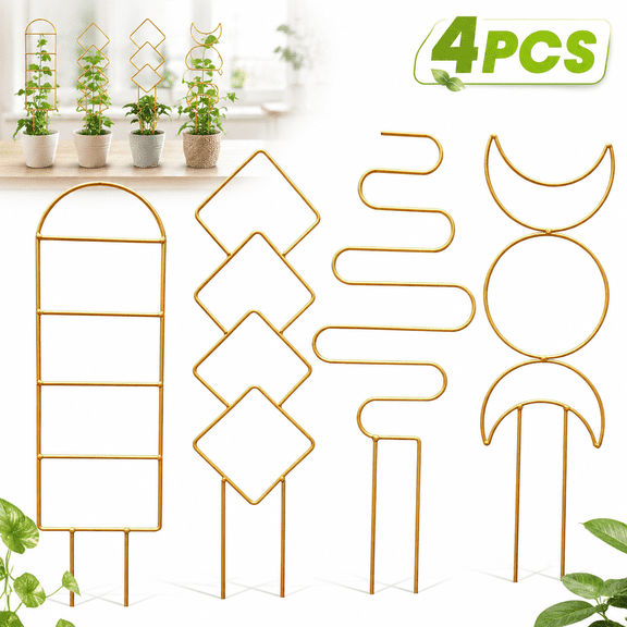 Sherry 4 Pack Indoor Climbing Plant Trellis, Small Trellis for Potted Plants Outdoor, Metal Garden Trellis Plant Support Trellis with Different Patterns for Vine Ivy Flower (Golden)