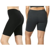 2 Packs of Zenana Womens & Plus Soft Cotton Stretch Mid Thigh Length Fitness Sport Biker Shorts