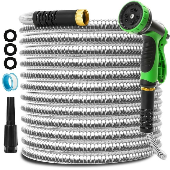 100FT Non-Retractable Stainless Steel Garden Hose Set w/10-Function Water Gun - For Car Wash/Plant Watering/Gardening