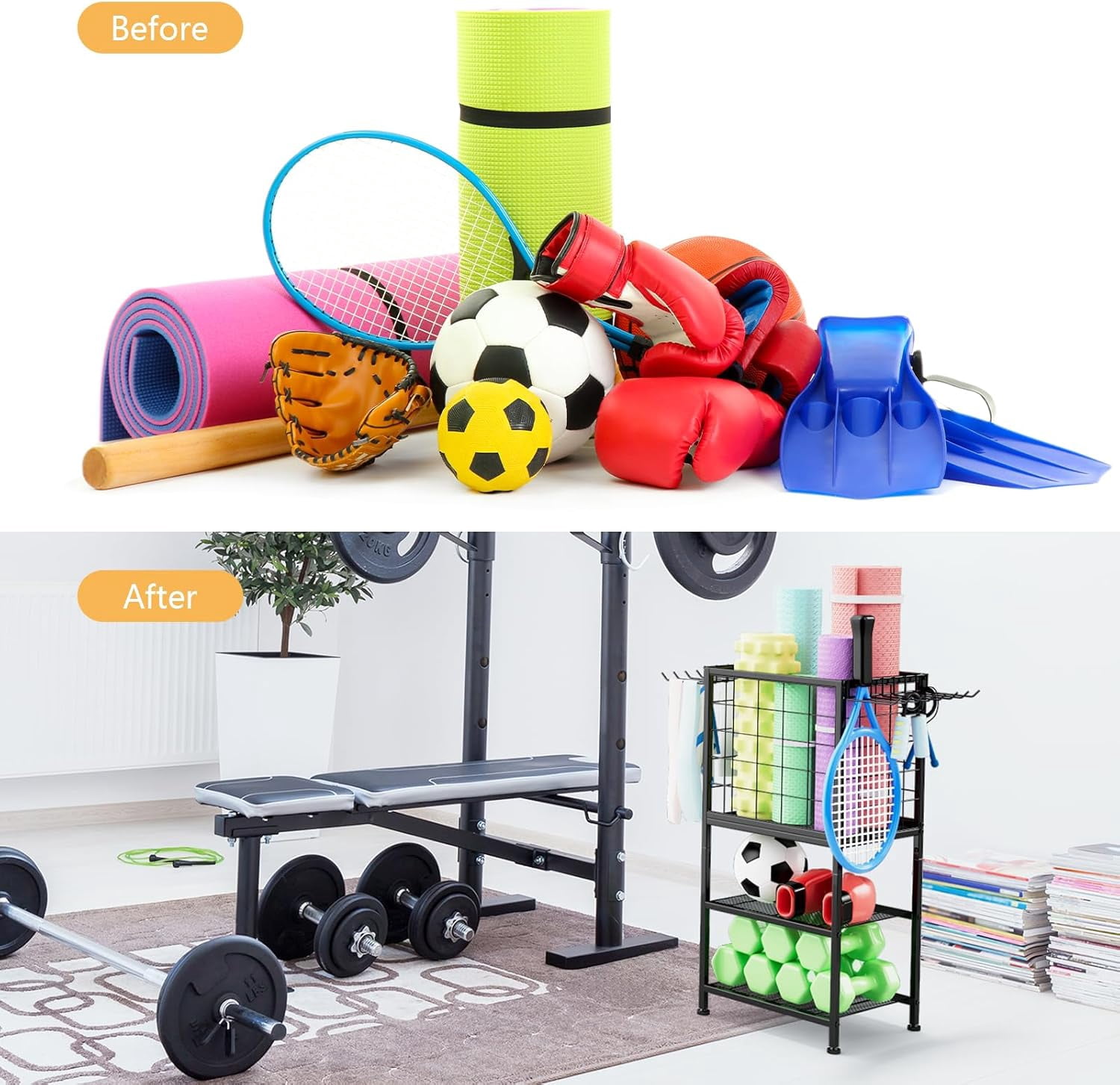 Dumbbell Rack for Home Gym Yoga Mat Storage Rack Black Workout Equipment Storage Organizer with Hooks and Wheels