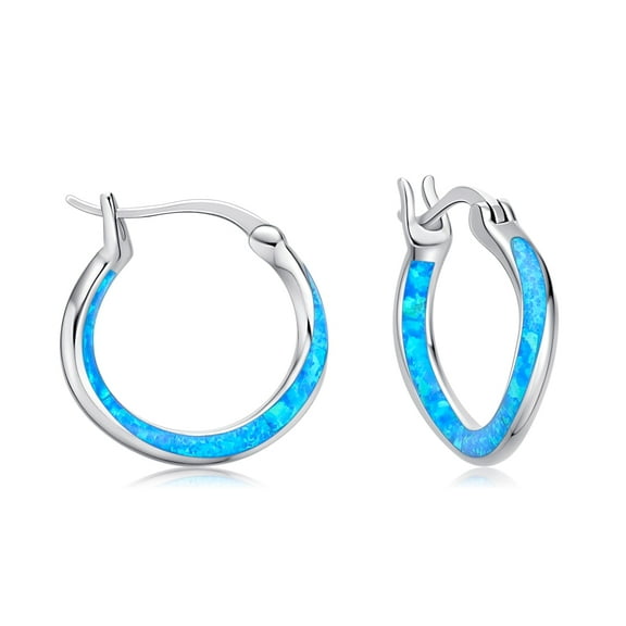 Coachuhhar Opal Blue Huggie Earrings, Sterling Silver, Gift Box and Silver Clean Cloth, 0.66''