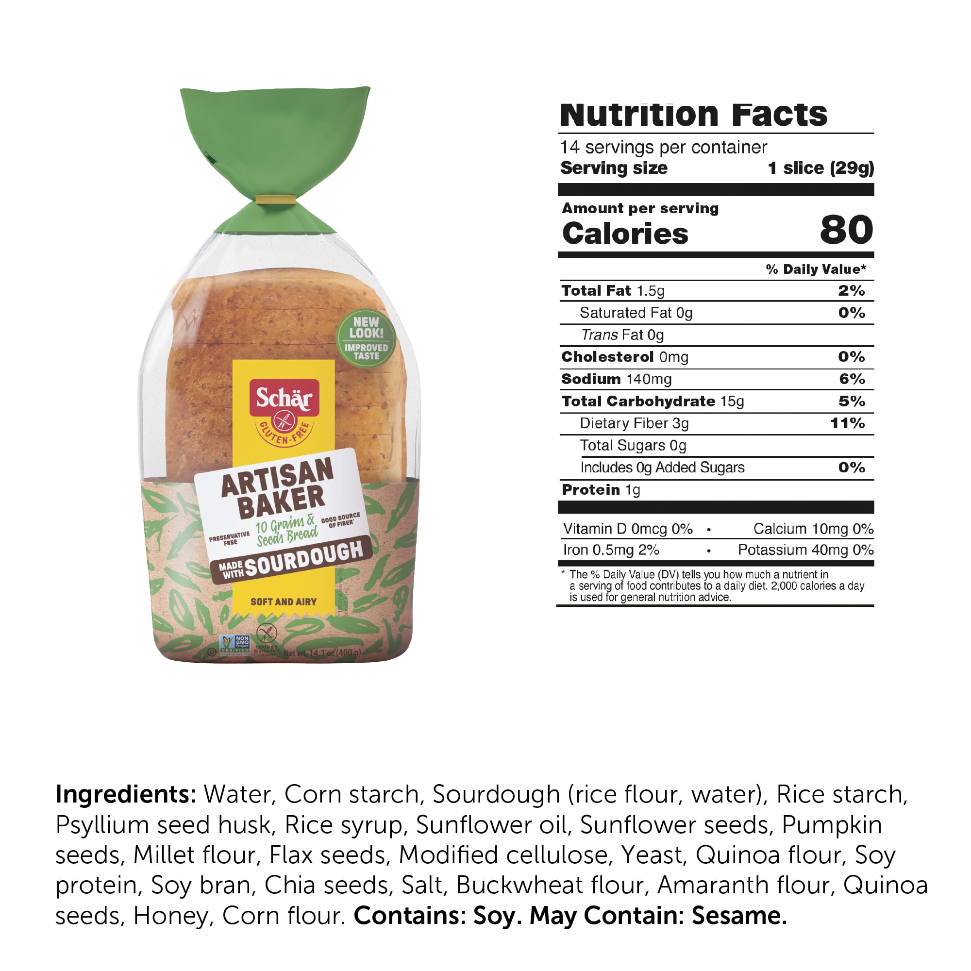 (8 pack) Schar Artisan Baker 10 Grains & Seeds Gluten Free Bread, Fresh, 14.1 oz