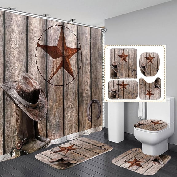 4PCS Western Shower Curtain Set, Brown Texas Star Primitive Berry Horseshoe Colorful Barn Door Country Rustic Farmhouse Bathroom Decor Waterproof Fabric Shower Curtain Non-slip Bath Mat