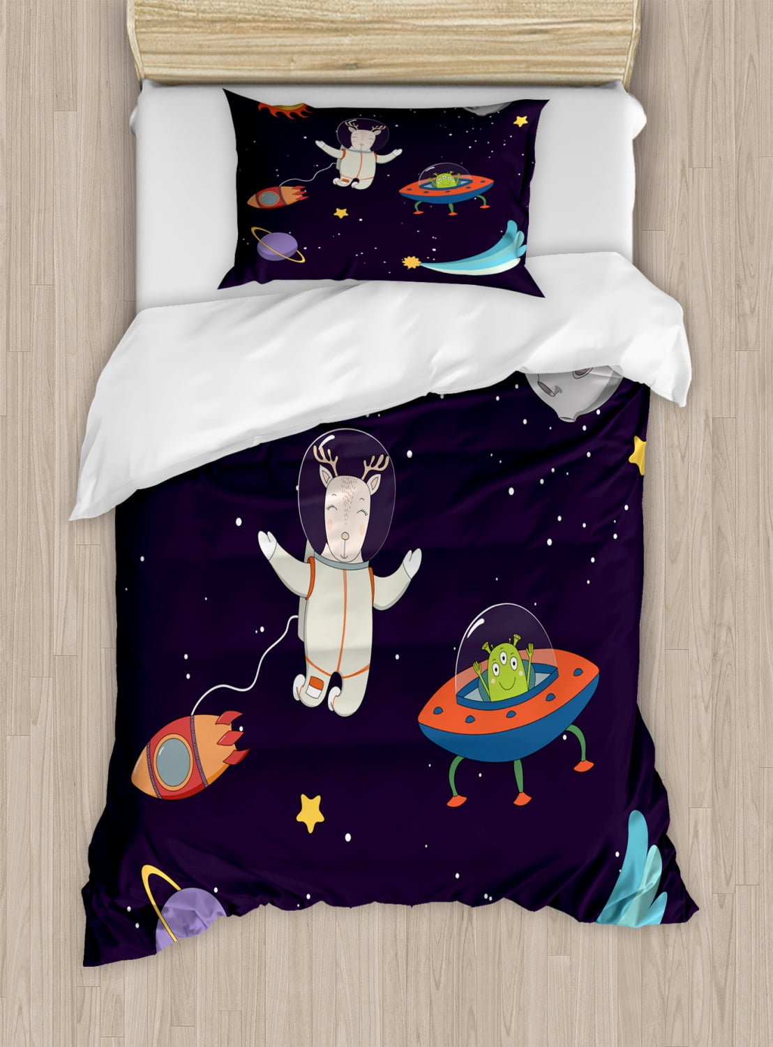 Explore Twin Size Duvet Cover Set, Hand Drawn Deer Astronaut in Space ...