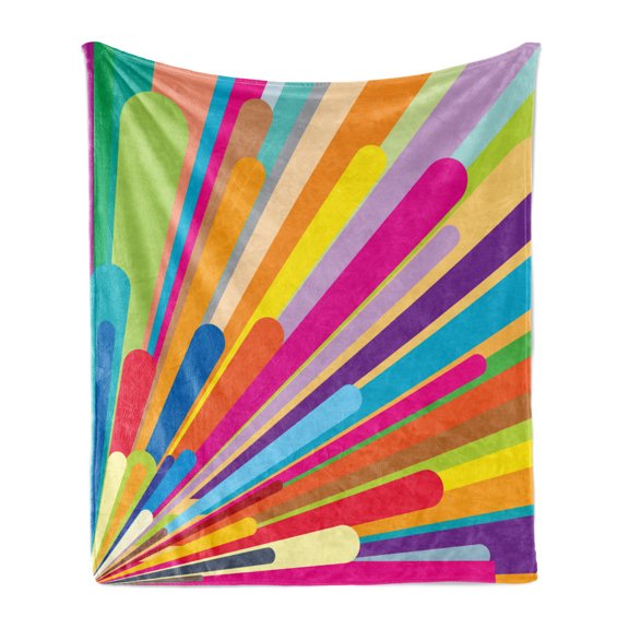 Vintage Rainbow Soft Flannel Fleece Blanket, Burst of Vibrant Colored Lines Funky Graphic Disco Design from the Sixties, Cozy Plush for Indoor and Outdoor Use, 60" x 80", Multicolor, by Ambesonne