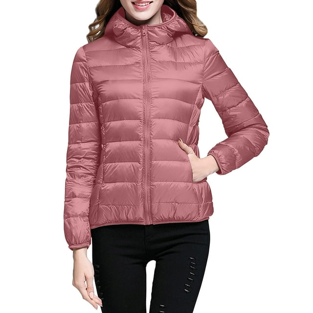 Packable down Jacket, Lightweight Hooded Puffer, White Duck down Coat Pink S , Coat