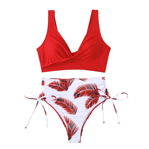 Traje de Baño de Dos Piezas para las Mujeres Impresión Hoja Sexy Estilo Dividido, Traje de Baño Conservador para la Piscina Y la Playa