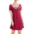 thumbnail image 1 of Summer Nightgown For Womens Ice Silks Lace V-neck Short Sleeve Nightdress Sleepdress Home Casual1026 BurgundyM, 1 of 5