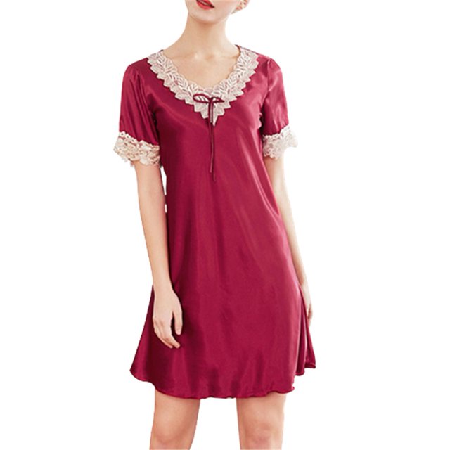 Summer Nightgown For Womens Ice Silks Lace V-neck Short Sleeve Nightdress Sleepdress Home Casual1026 BurgundyM