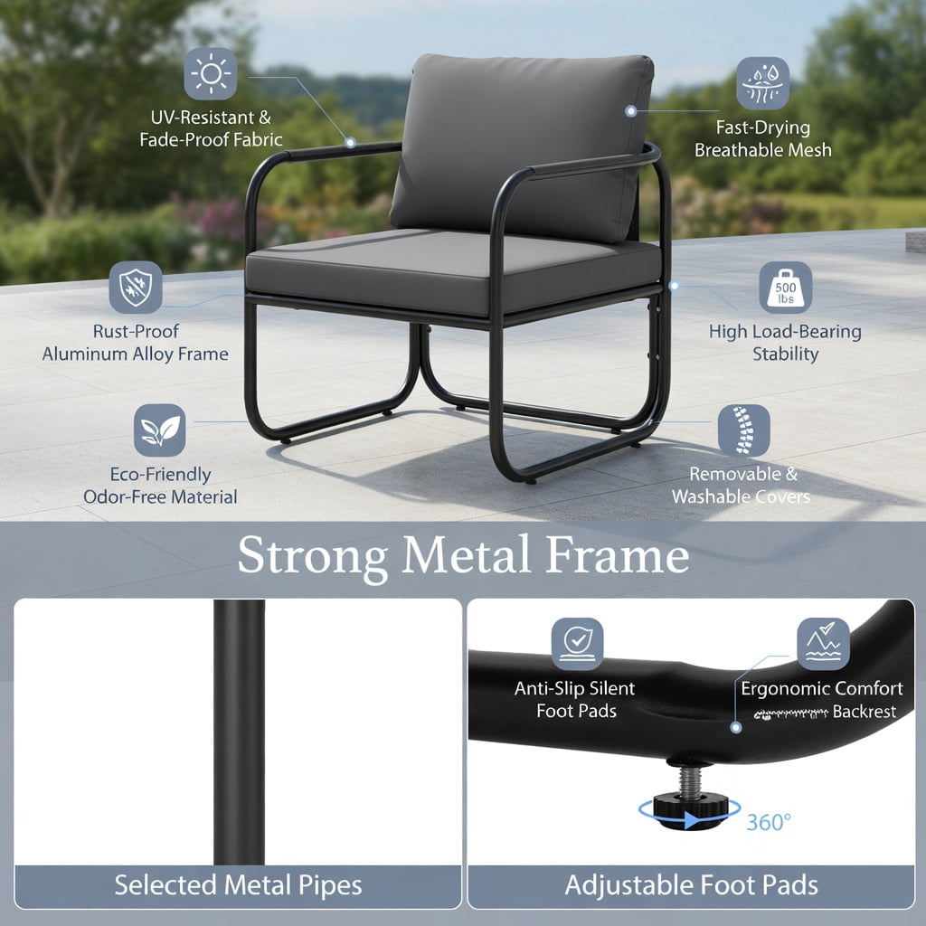Hommoo 2-Piece Outdoor Patio Chair Set, Metal Chairs with Removable Cushions, Adjustable Feet, and Machine-Washable Covers for Backyard, Deck or Balcony, Gray