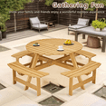 thumbnail image 3 of Eyisean 8 Person Circular Outdoor Wooden Picnic Table, Round Picnic Table with Umbrella Hole, 4 Built-in Benches, Outside Table and Bench Set for Patio, Backyard, Garden, 500lbs Capacity Per Bench, 3 of 18