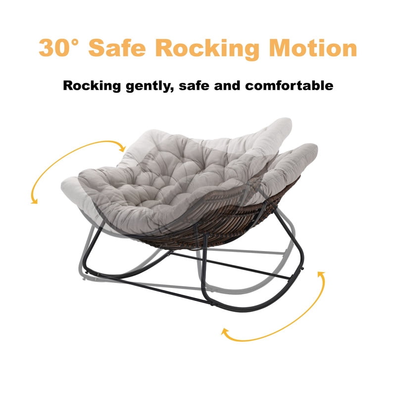 Oversized Papasan Outdoor Armless Rocking Chair, Indoor Recliner Lounge Chair with Cushion
