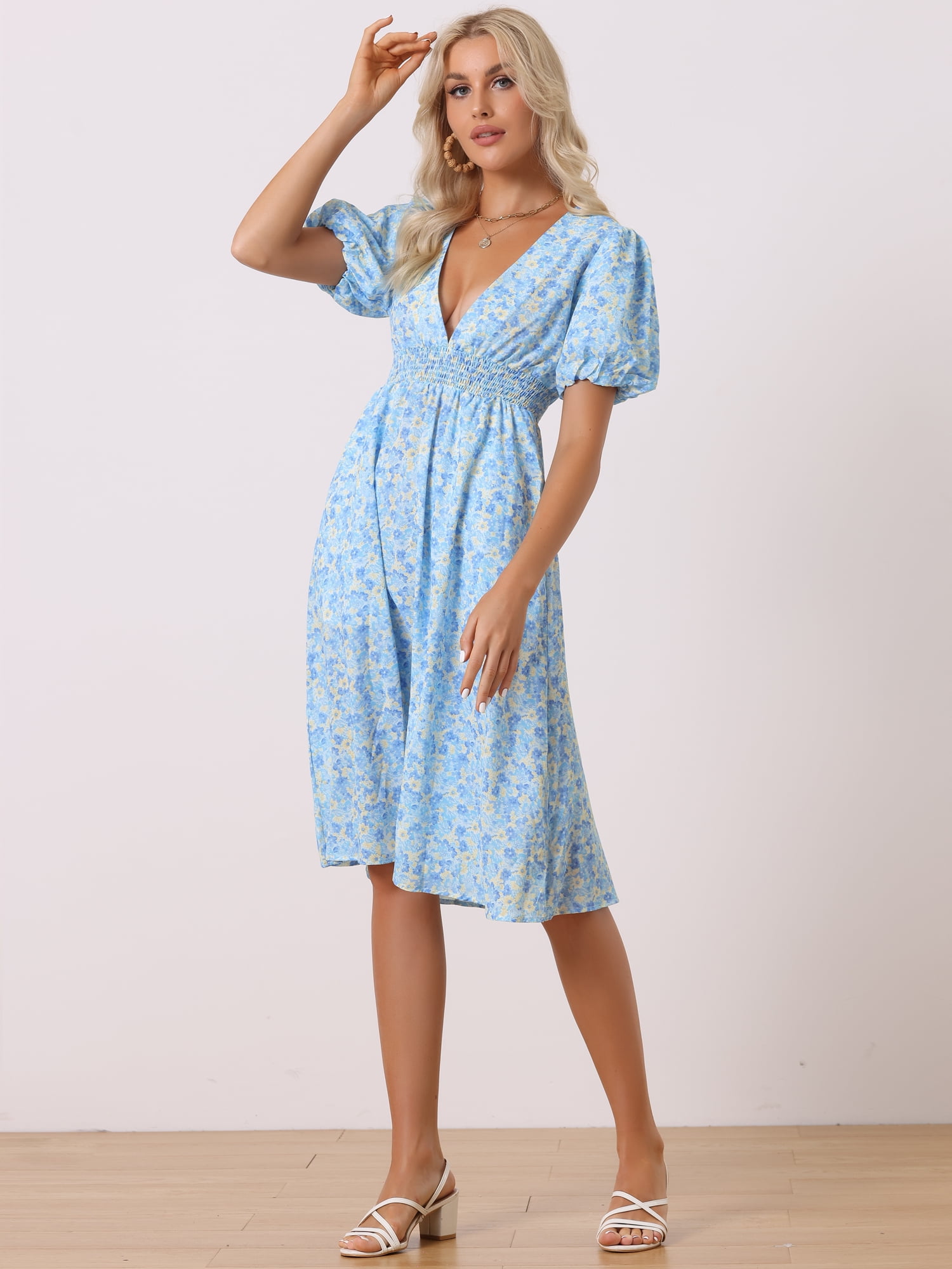 Unique Bargains Women's Floral V Neck Puff Sleeves Casual Smocked Waist Dress M Blue
