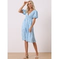 thumbnail image 3 of Unique Bargains Women's Floral V Neck Puff Sleeves Casual Smocked Waist Dress XS Blue, 3 of 6