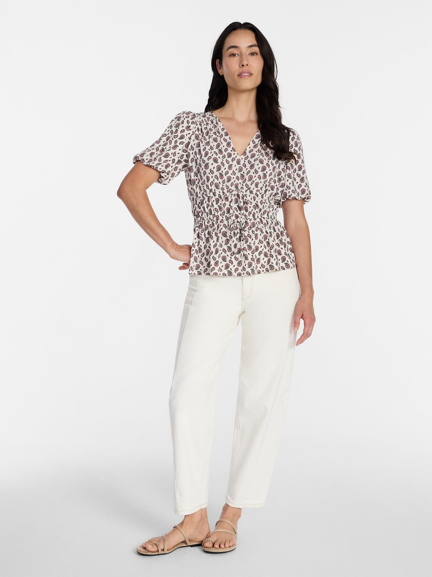Time and Tru Women's and Women's Plus V Neck Shirred Peplum Top, Sizes XS-XXXL
