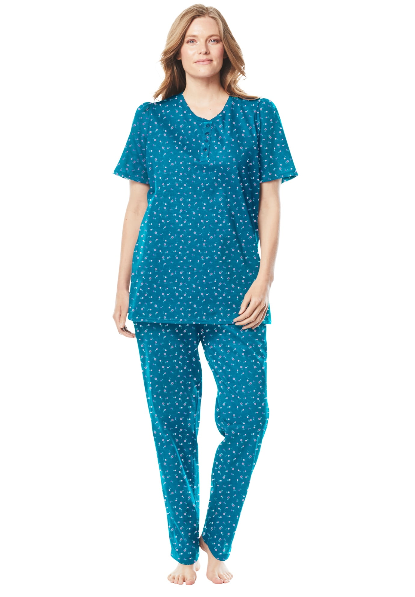 Dreams & Co. Women's Plus Size Floral Henley Pj Set Pajamas