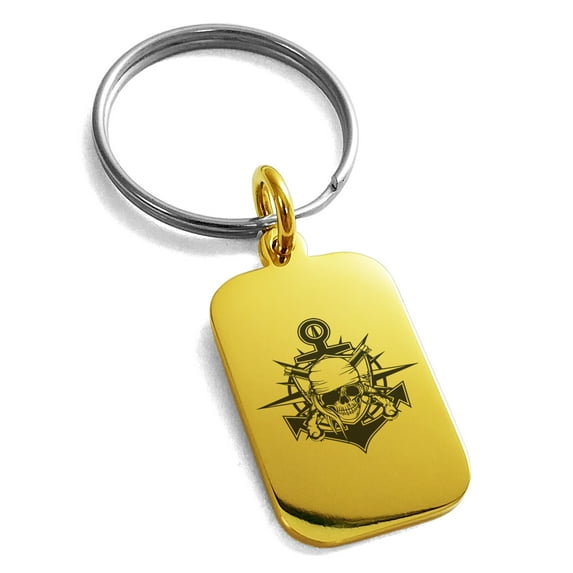 Stainless Steel Pirate Bandit Skull Anchor Engraved Small Rectangle Dog Tag Charm Keychain Keyring