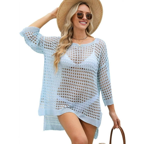 Women'S Summer Swimsuit Crochet Cover Up Bathing Suit Short Sleeve Knit Beach Dress White One Size