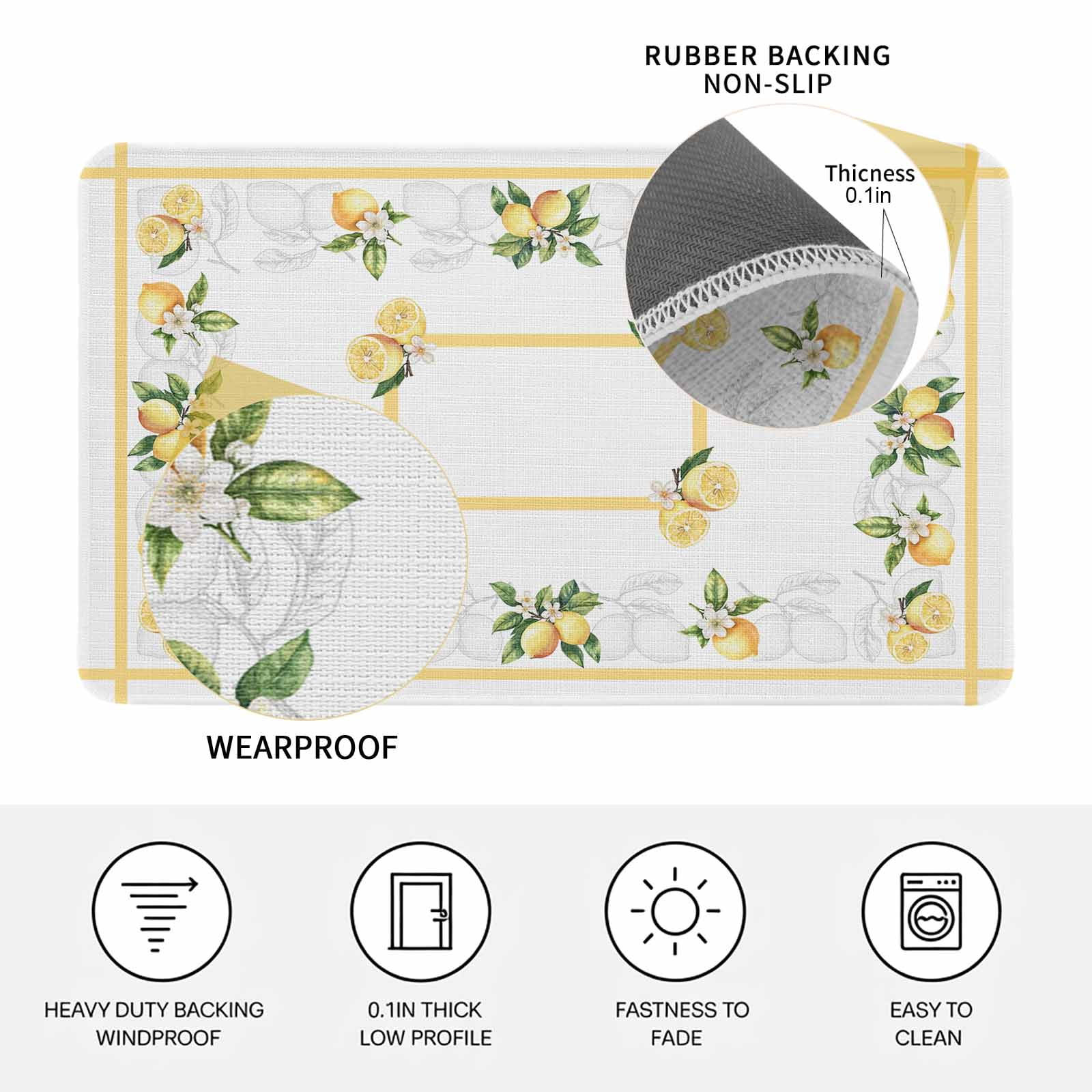 Lemon Yellow Doormat Outdoor Entrance 24"x36", Modern Country Flower Floral Summer Spring Absorb Moisture Dirt Door Mats, Non-Slip Rubber Backing Floor Mats Indoor, Low-Profile Front Door Rugs