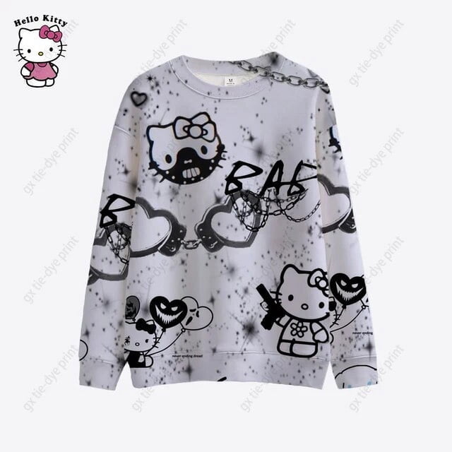 Nouveau Sweat à Capuche Mode Automne Harajuku Manches Longues Vintage Décontracté Ample pour Femmes Hello Kitty Imprimé