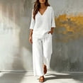 thumbnail image 2 of Zynoxe Womens Plus Size Two Piece Sets Cotton Linen V-neck Top Wide Leg Pants Summer Outfits Peasant Gauze Lounge Sets with PocketsWhiteXL, 2 of 5