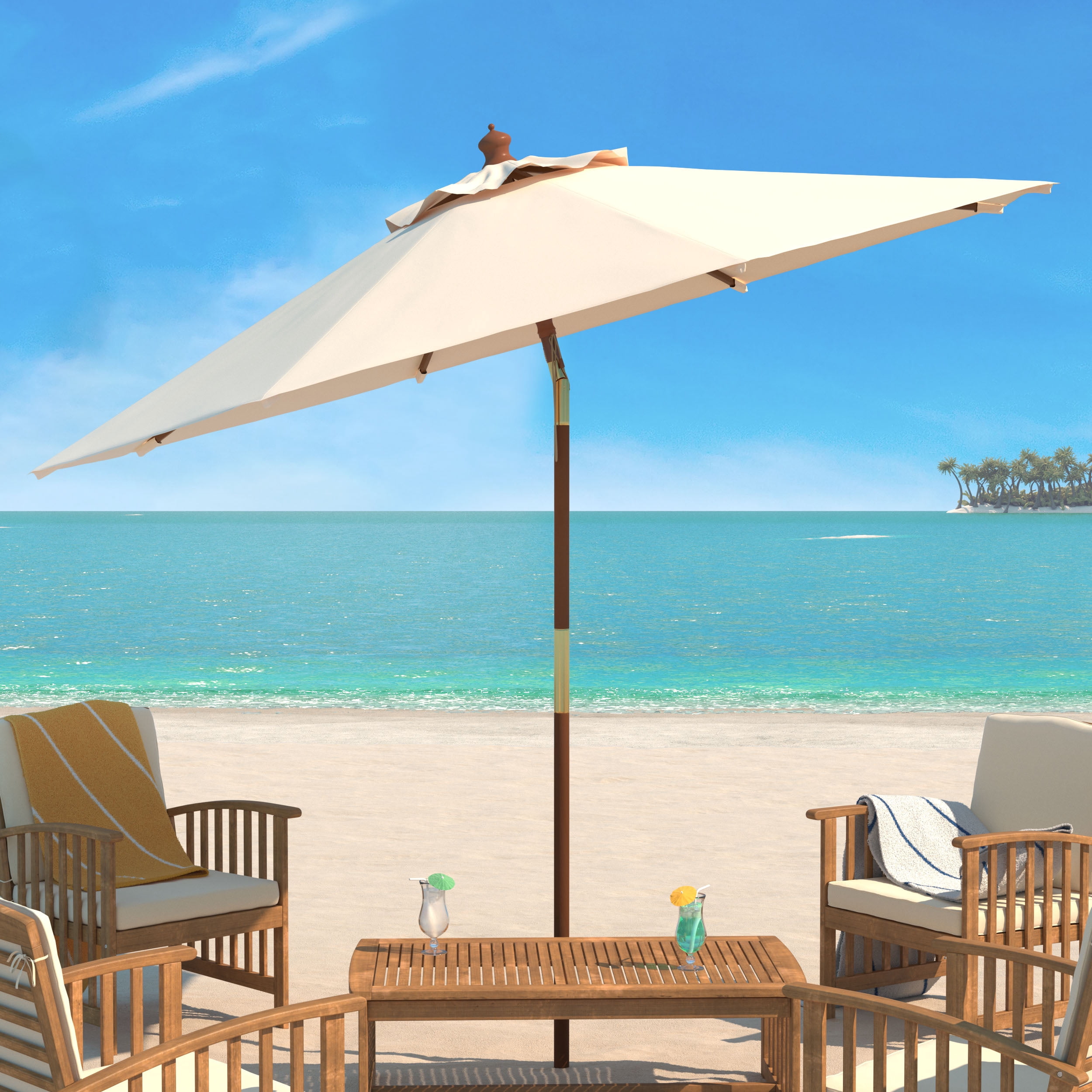 Safavieh Cannes 9' Market Push Wooden Patio Umbrella, Beige