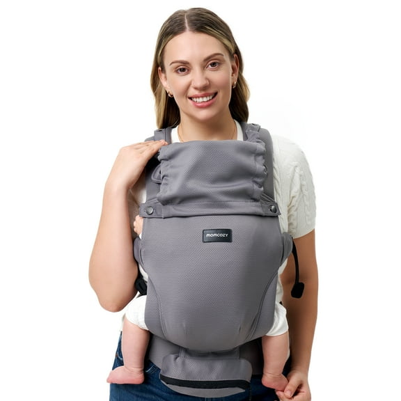 Momcozy Portabebé Cangurera Bebé Recién Nacido, Portabebés Ergonómico, Cómodo Y Ligero Para 3,5-10,5 kg, Soporte Para El Cuello Ajustable Con Parasol, Malla Transpirable, Gris Oscuro Modelo CR02