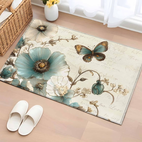 Rectangle Area Rug 2x3ft, Vintage Victorian Flower Non-Shedding Washable Area Rug, Retro Floral Butterfly on Letter Non Slip Low-Profile Rugs for Living Room, Bedroom Dining Room