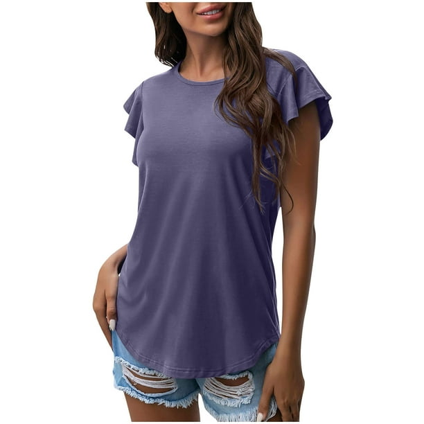 Mujeres Casual cuello redondo manga corta Puff Color sólido pulóver blusa camiseta Tops ajuste holgado OAVQHLG3B Store lin121212