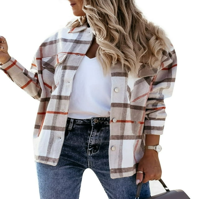 Women Long Sleeve Flannel Lapel Button Up Shirts Plaid Jacket Tops Blouse