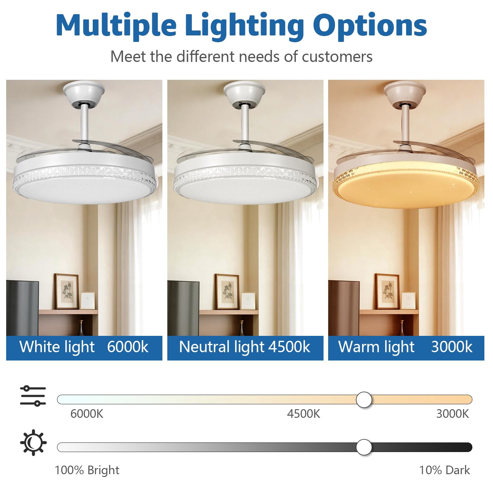RJFKSNC 42" Retractable Ceiling Fan with Light,Acrylic chandelier, Dimmable LED 3000K-6500K, 6 Speeds, Reversible Motor, Remote & APP Control, for Living Room Bedroom Dining Room