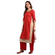 Round Neck Embellished Kurta Set - T-Red-Large