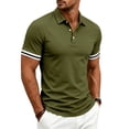 thumbnail image 4 of YLSDY Men's Slim-Fit Ribbed Collared Shirt, Striped Cuff Trim, 3-Button Placket Short Sleeve Top for Casual & Business Casual Army Green M, 4 of 9