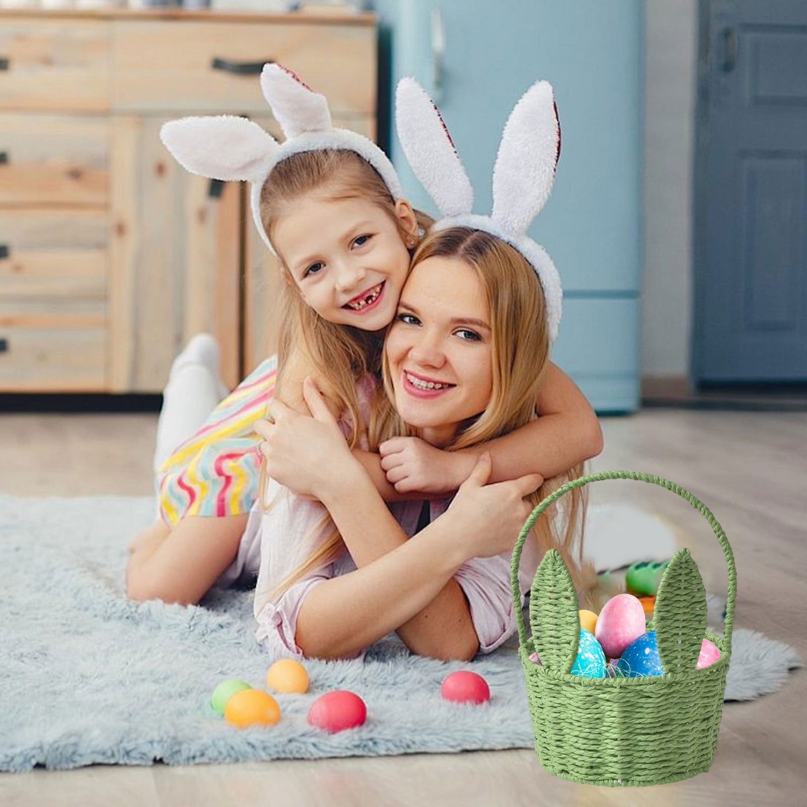 2 Packs Easter Bunny Basket with Long Ears Woven Storage Tote Bag for Easter Eggs Decorations Kids Gift Organizer Home Party Supplies Multicolor 26x20x16cm
