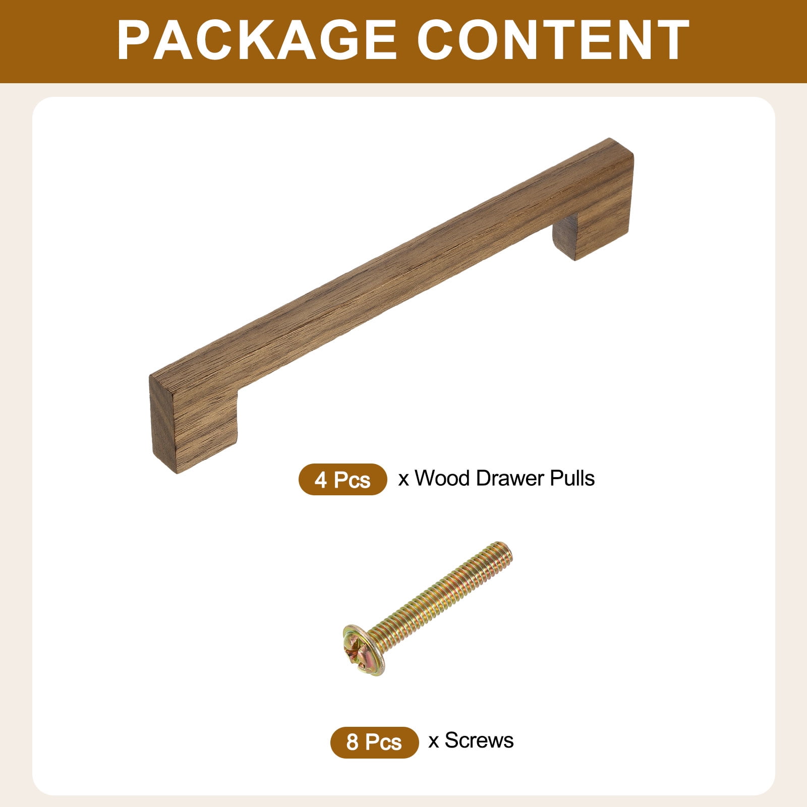 Uxcell 4 Pack Wood Drawer Pulls, 6 Inch Hole Center Square Wooden Drawer Pulls Cabinet Handles with Screws for Kitchen Dresser Wardrobes Door Cupboard, Dark Walnut