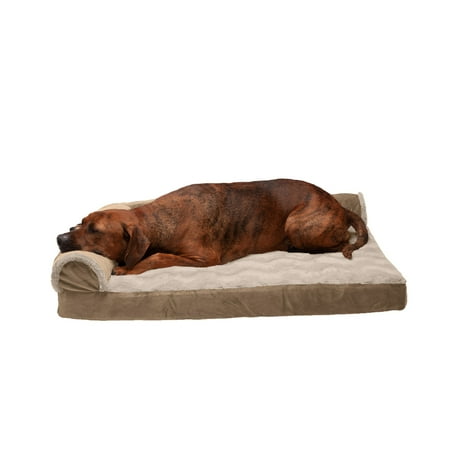 UPC: 0842229123418 | FurHaven Pet Products Wave Fur & Velvet Memory Foam Deluxe L-Chaise Pet Bed for Dogs & Cats – Brownstone Large