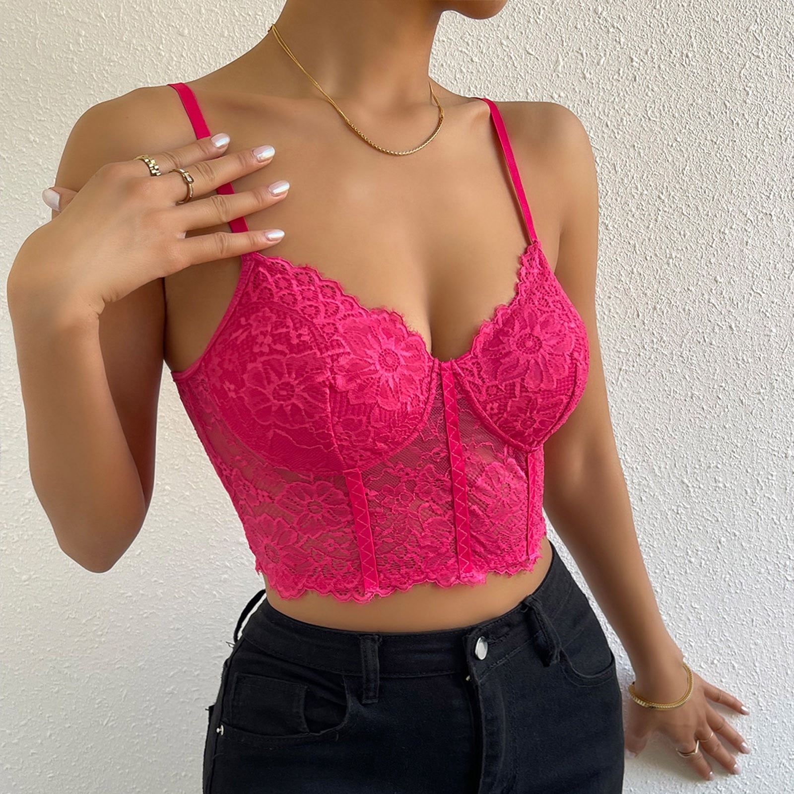 RYRJJ On Clearance Corset Tops for Women Summer Lace Bustier Tank Top Mesh  Sexy Vintage Spaghetti Strap Going Out Party Crop Tops(Hot Pink,M)