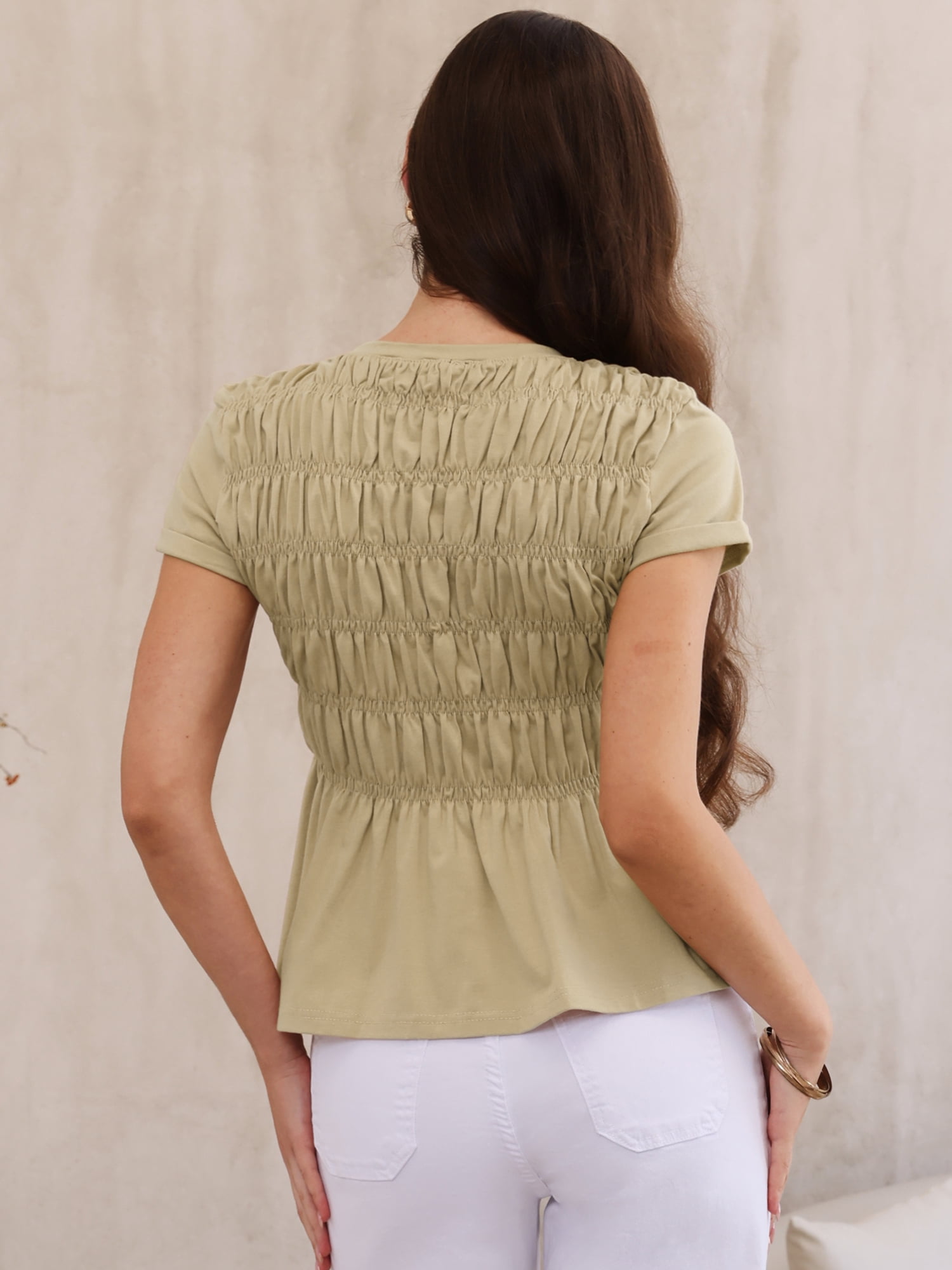 DARING DIVA Women's Peplum Babydoll Tops Smocked Ruched Crew Neck Cap Sleeve Tee S Khaki