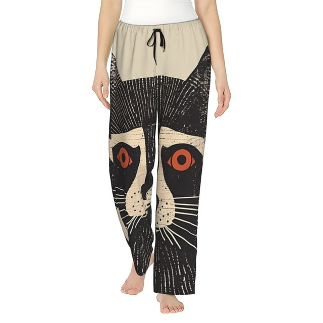Balery Retro Raccoon Graphic Print Pantalones de pijama para mujer, pijamas ultraligeros, pantalones de estar por casa-Large