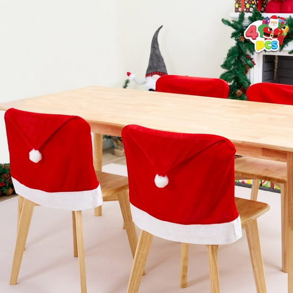 Joyfy 4 Pcs Christmas Chair Cover, Red Santa Hat Chair Slipcovers for Christmas Decoration