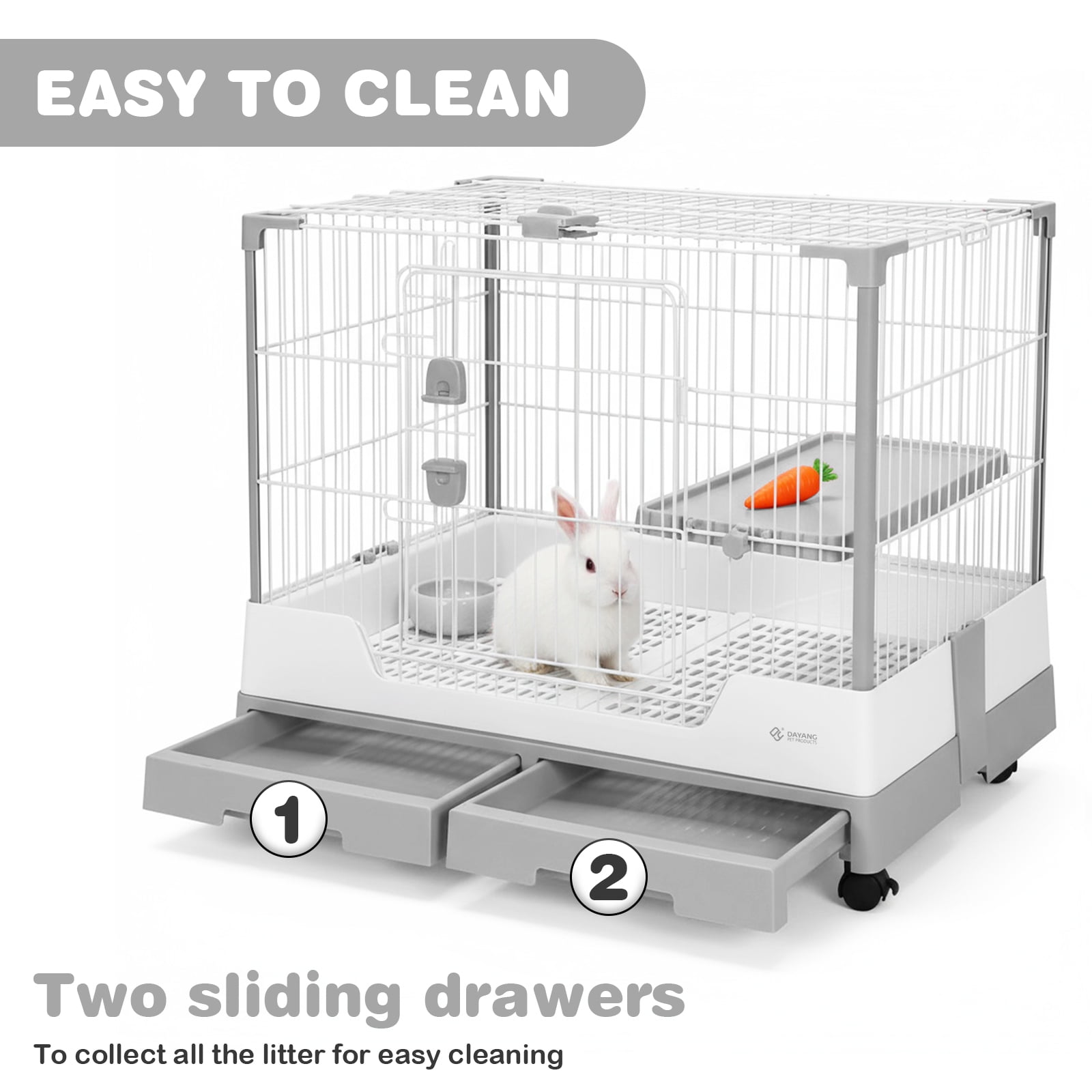 golytefs Gravity Lock Rabbit Cage with Pull Out Tray Wheeled Bunny Hutch Cage (Grey)