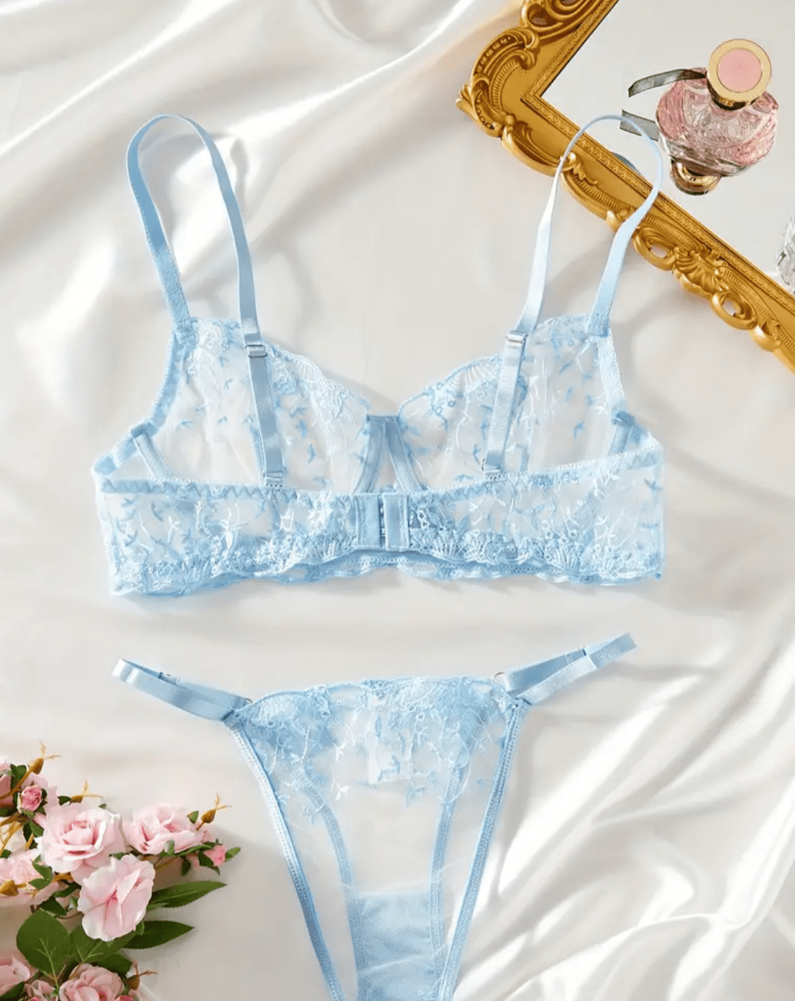 【AGNEL】 Love Hawaii bikini bra + panty set Navy New Sexy Lace Floral Bra Set Thin Hollow Out Bra + Panty Set