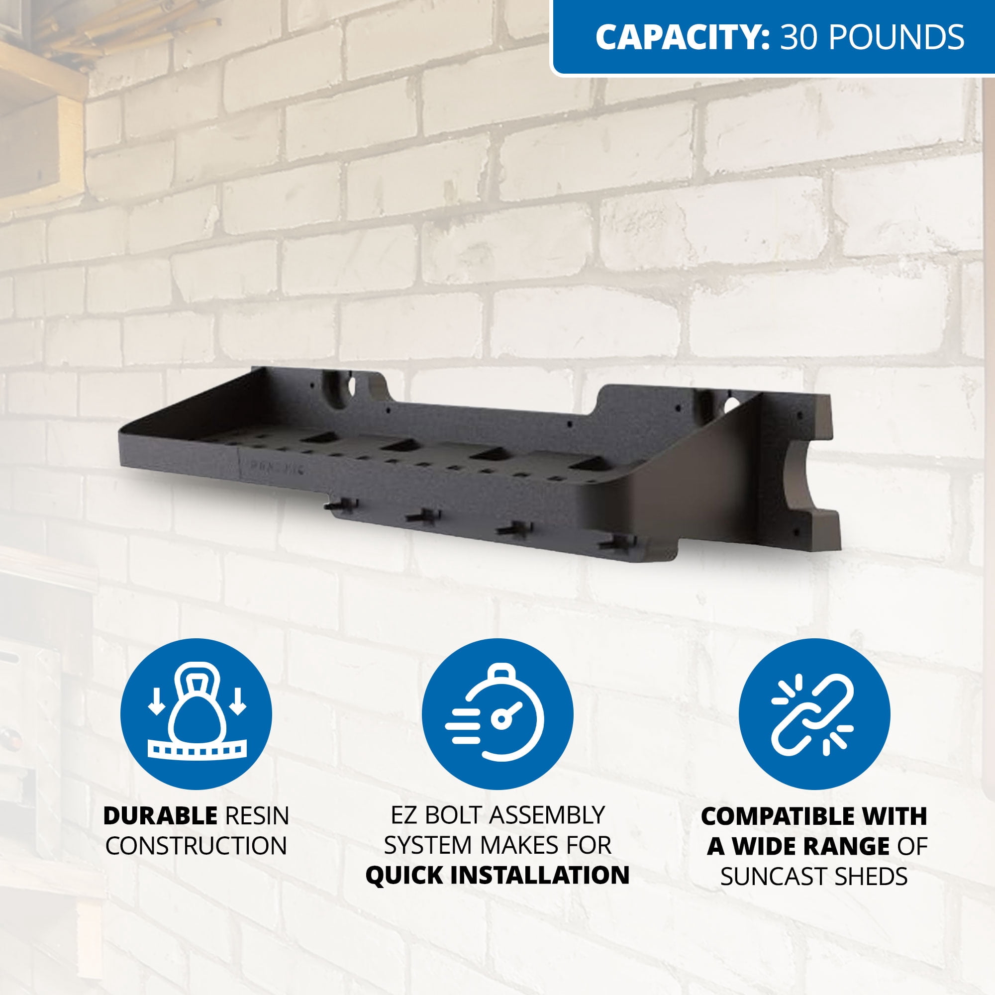 Suncast 25" x 8" Shelf Accessory w/ Hooks for Outdoor Shed, Black (2-Pack)