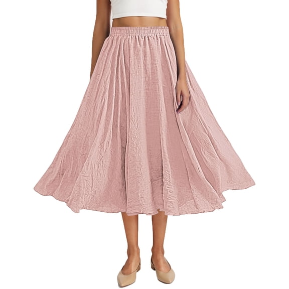 Cavosen Cute Skirt Loose Solid Pleated Elastic Waist Midi Skirt Ladies A Line Office Soft Summer Skirt Pink Free Size