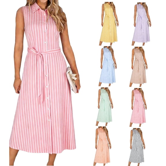 Lovzfmll Shift Dress for Women, Collared Sleeveless with Stripe, Casual Maxi Dress Light Blue, S