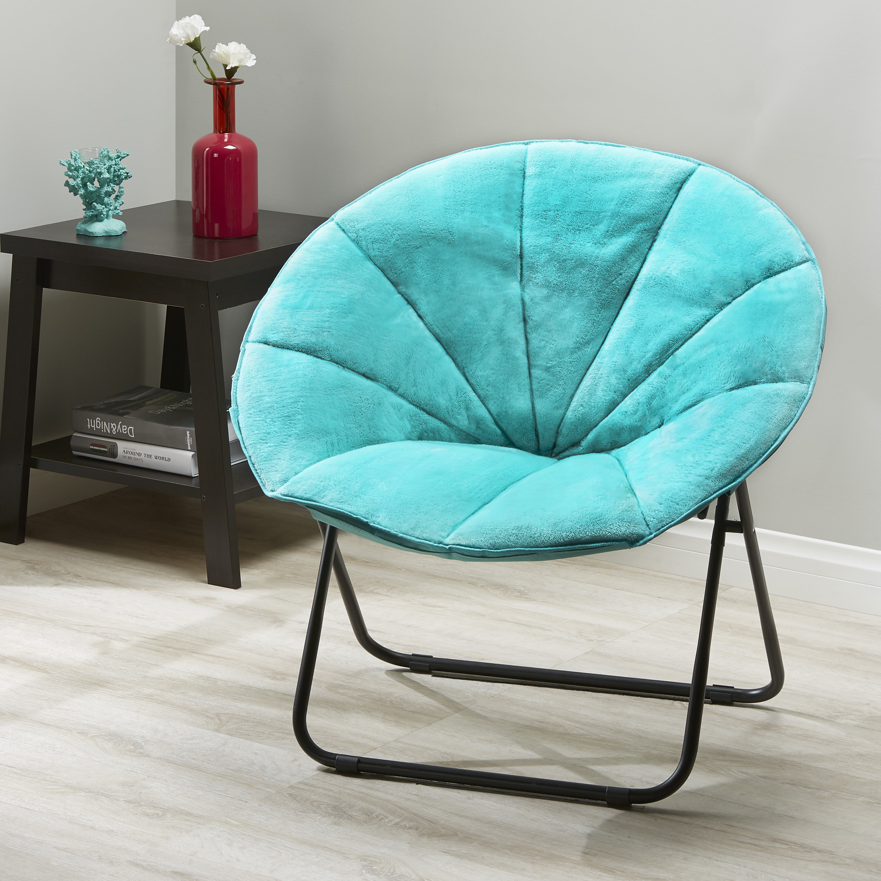 Mainstays Faux-Fur Saucer Chair Aqua Wind with 2 Exclusive Pillows and 1 Sleeping Mask