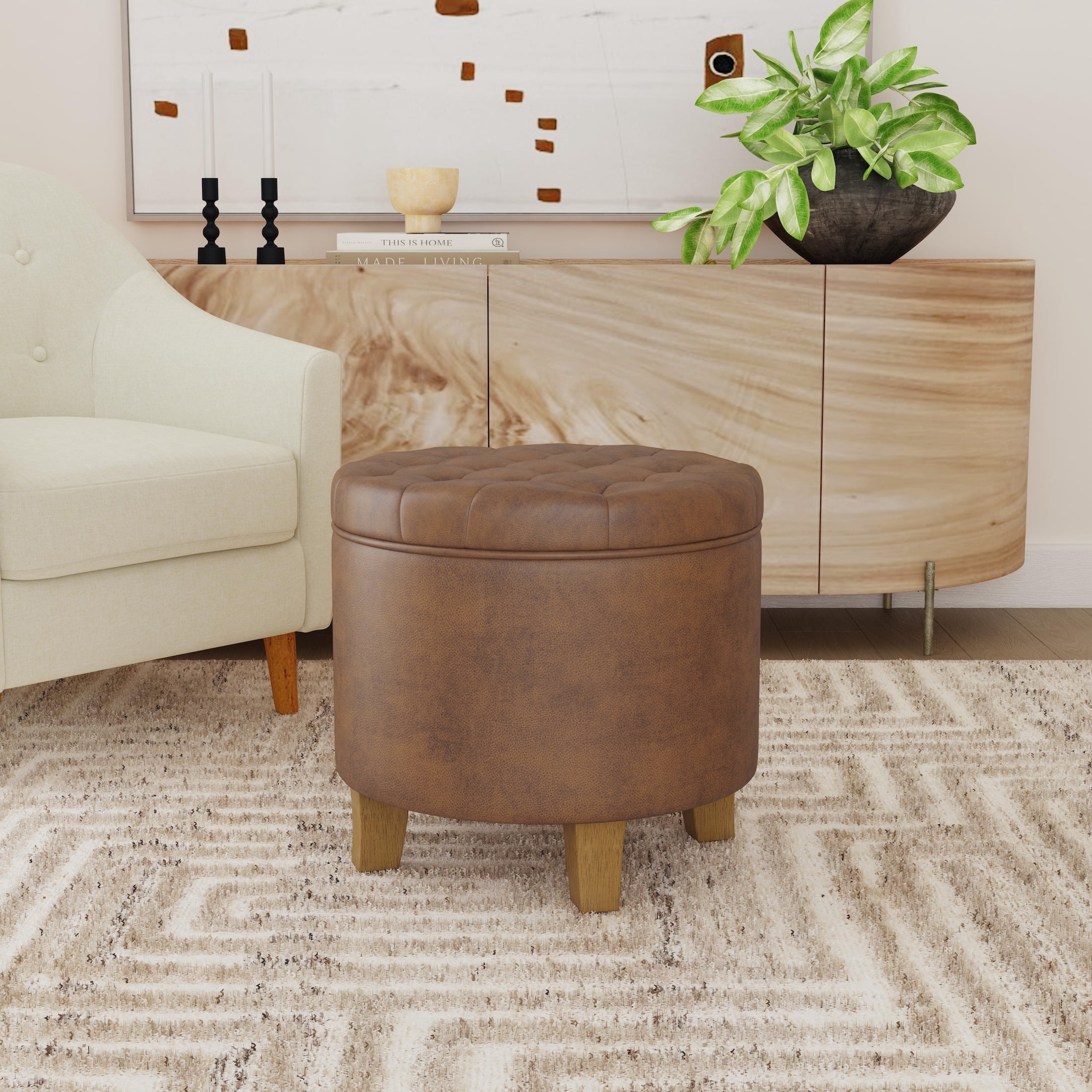 HomePop Small Round Button Tufted Storage Ottoman, Brown Faux Leather