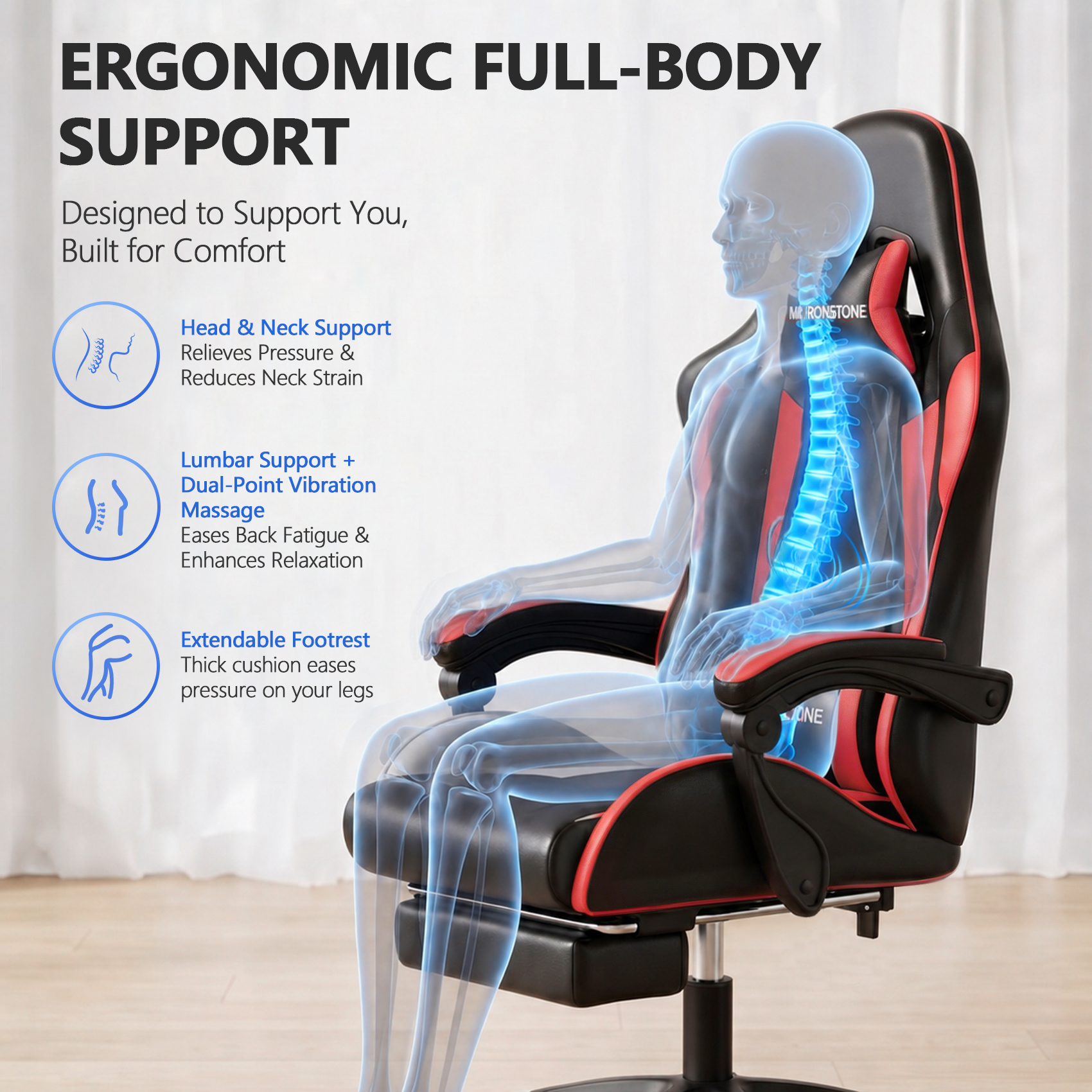 Mr IRONSTONE Ergonomic Gaming Chair with Massage, Red/Black photo 4