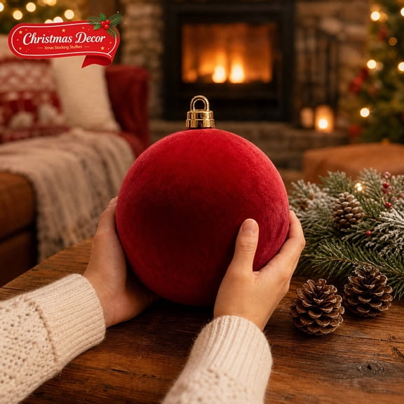 Red Velvet Large Christmas Ball Ornament for Xmas Decor,Flocked Hanging Bauble for Christmas Indoor Tree Home Decor